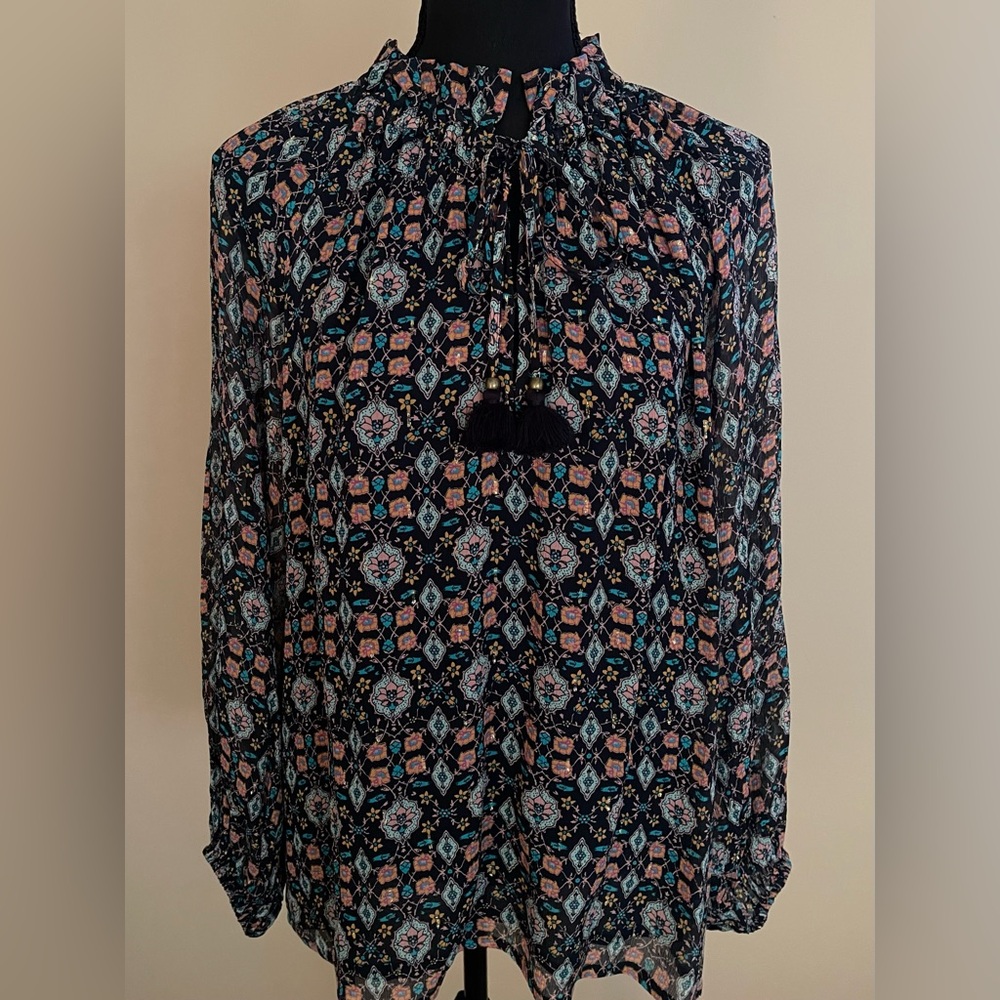Like New FIGUE Sheer Airy 100% Silk Tassel Shell Tunic Blouse Top Size S